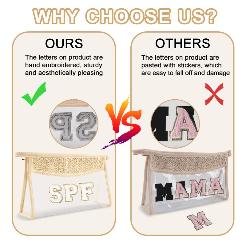 Iqimott Boho Patch SPF Bag Clear Makeup Letter Bag  Waterproof Zipper Make up Bag Toiletry Pouch for Women Girls  Clear Letter Patch Cosmetic Bag Transparent Organizer Pouch for Travel(SPF  Beige) - Image 4